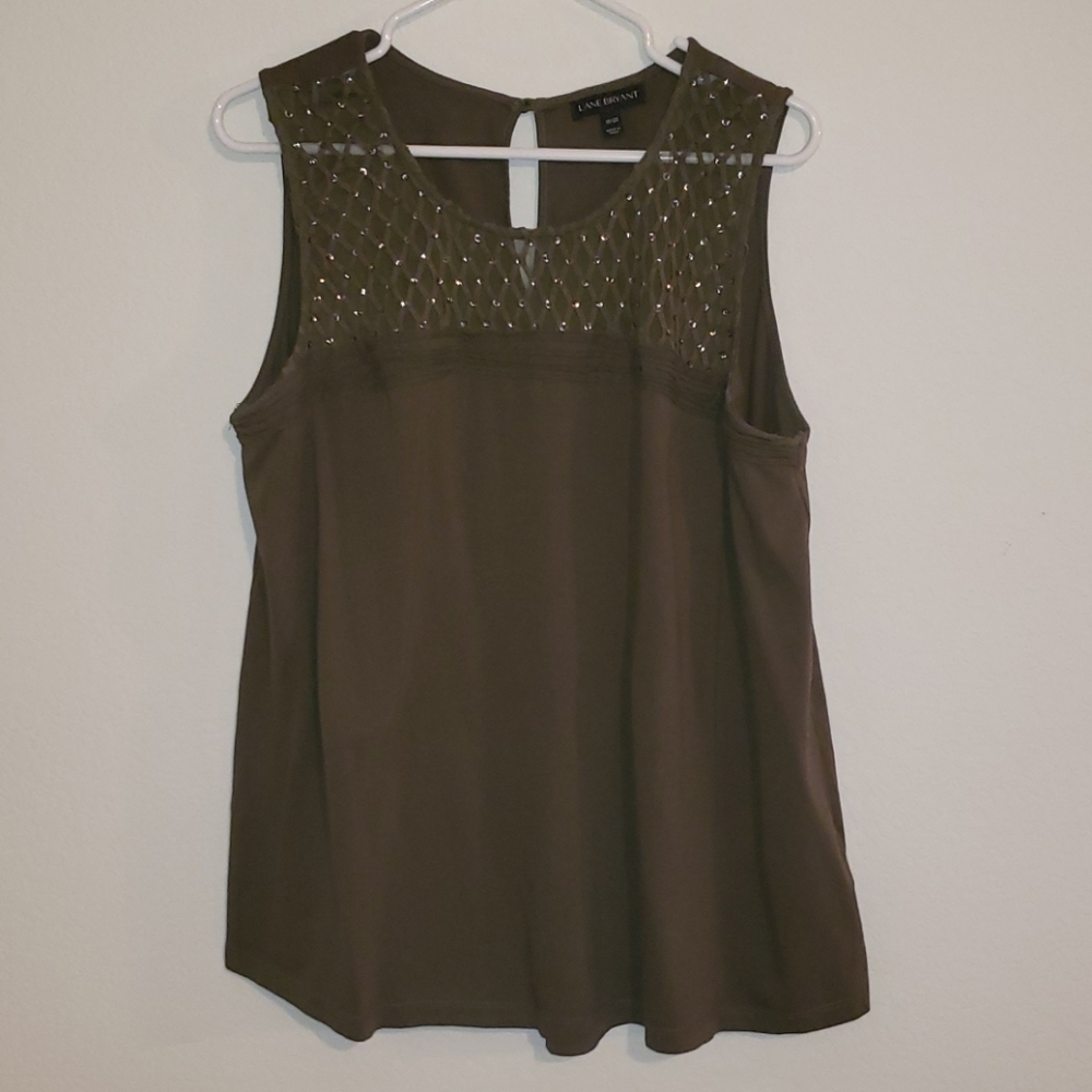 Sleeveless olive blouse with beading